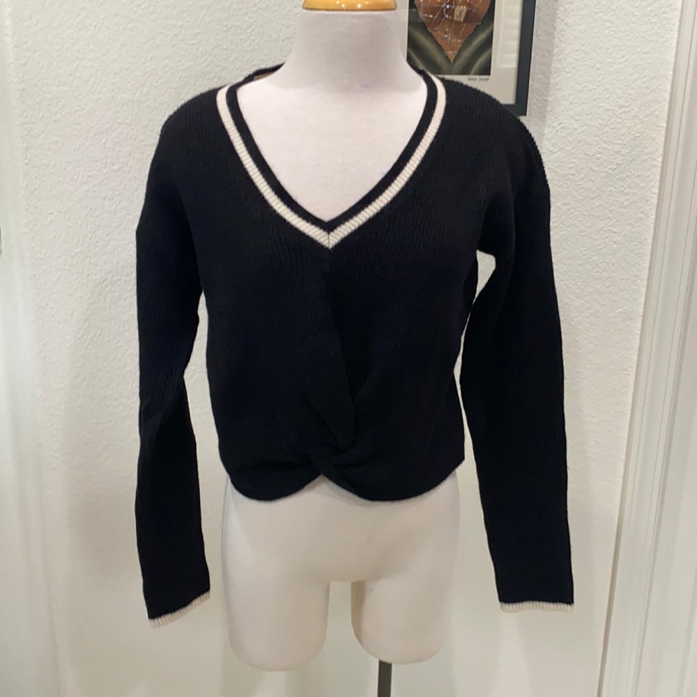 Guess Black V-Neck Twist Front Sweater with White Trim